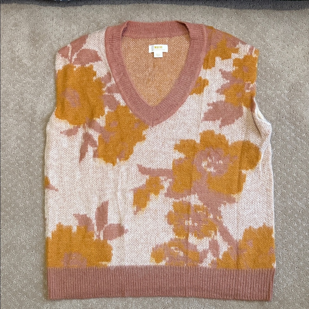 *NWOT* Maeve by Anthropologie Floral V-Neck Sweater Vest, Mustard, Pink, Size S